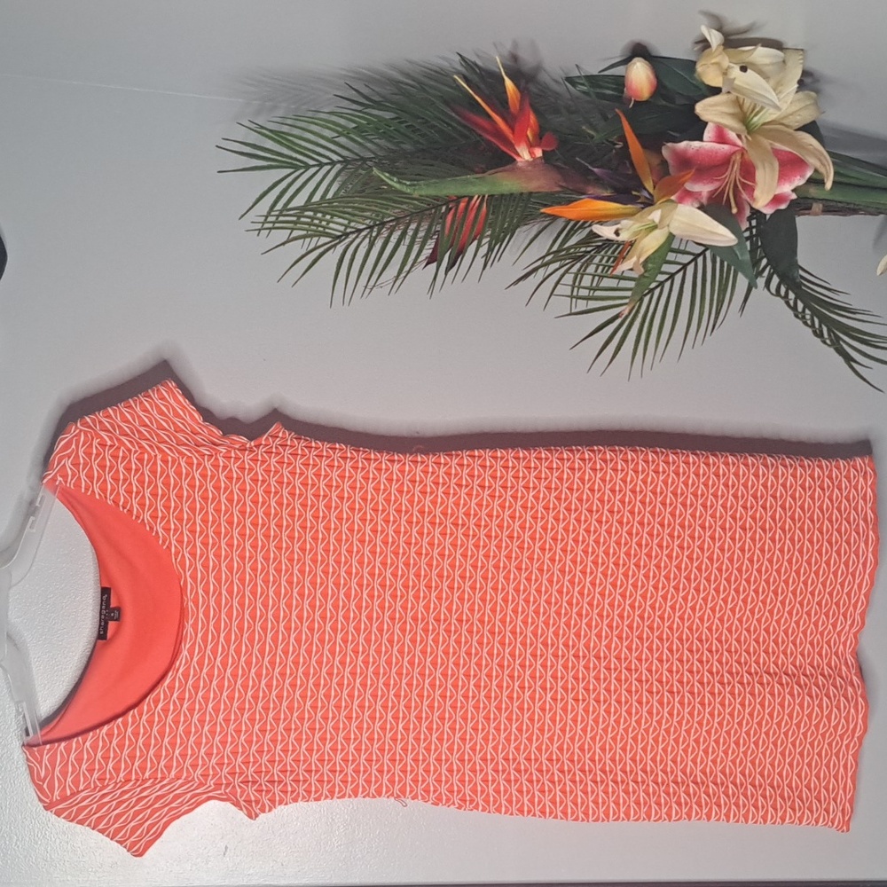 Sharagano Knit Cap Sleeve Scoop Neck Pucker Design Sheath Dress Coral/White